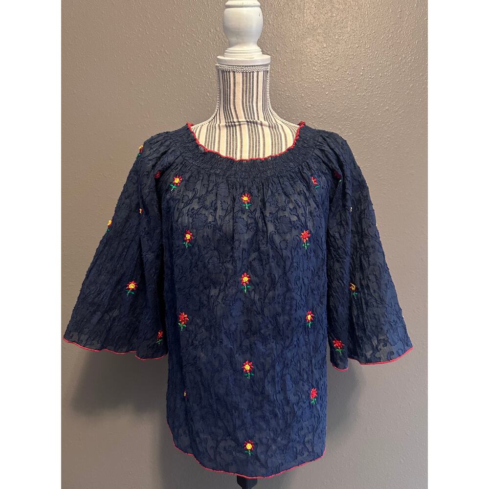 Payal Jain Embroidered Top XL Navy Red Floral Boho On Or Off Shoulder India